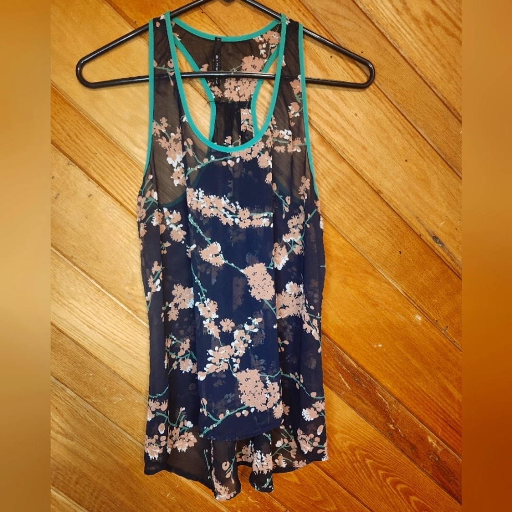 B. Jewel black and green sheer floral halter style tank top